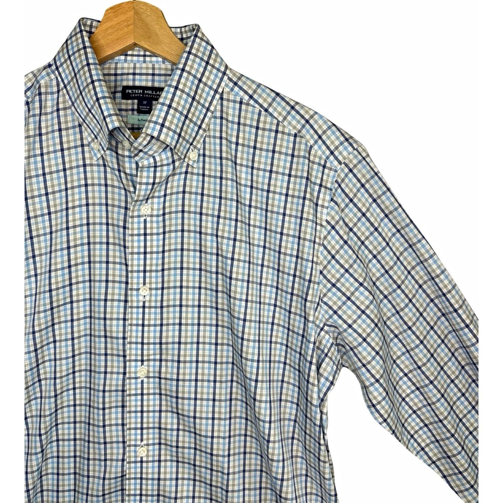 Peter Millar Crown Crafted Mens M Blue Gray Plaid Flex Fit Button-Down Shirt